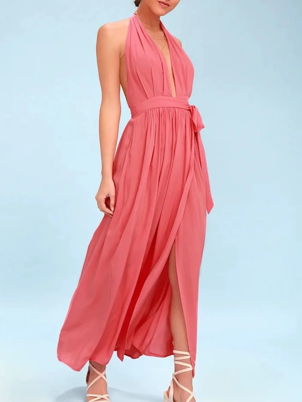 Lulus Magical Movement Coral Pink Wrap Maxi Dress size small
